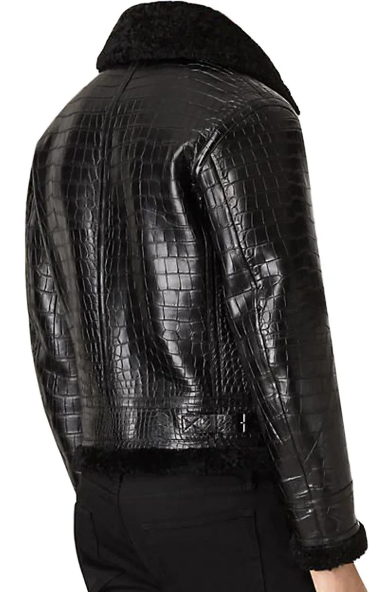 Black Leather Aviator Jacket | Alligator Embossed | Shearling Trim