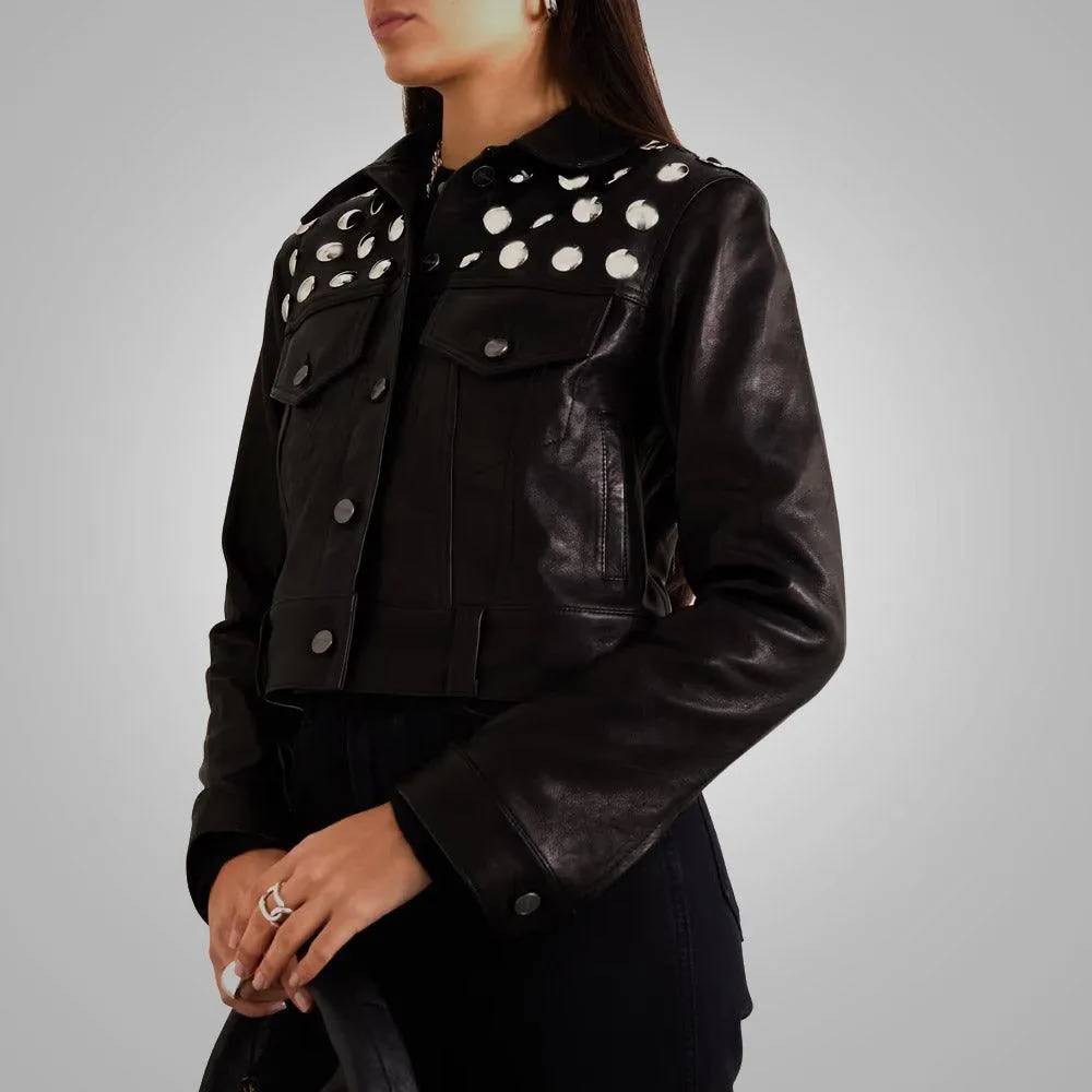 Black Shearling Studded textured Cropped Leather Jacket For Women