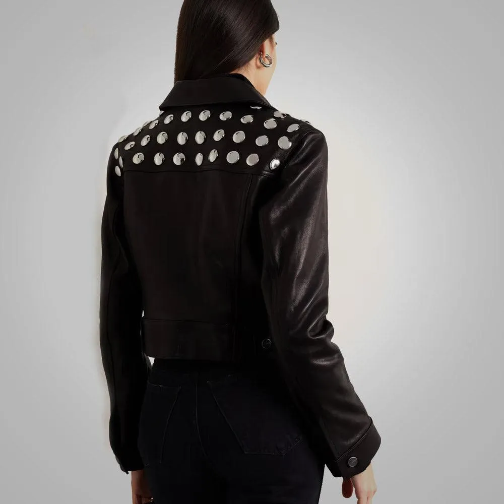 Black Shearling Studded textured Cropped Leather Jacket For Women