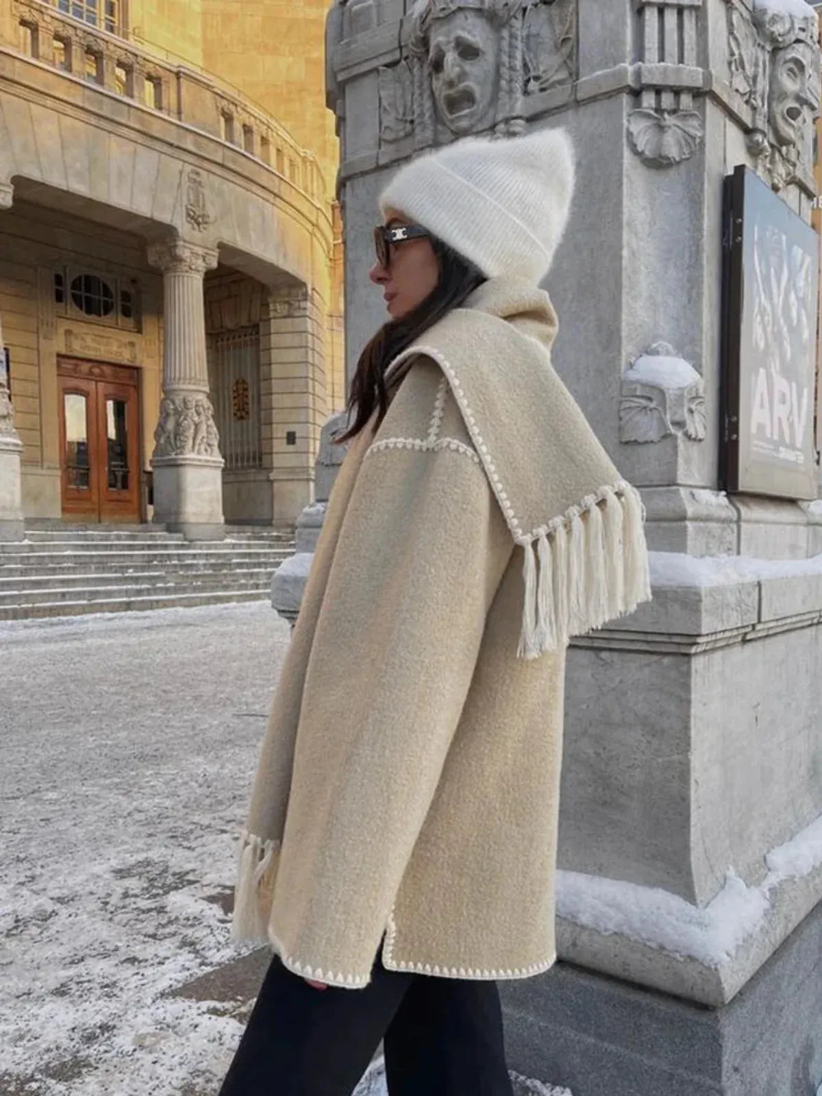 Cozy Blanket Stitch Wool Wrap Jacket