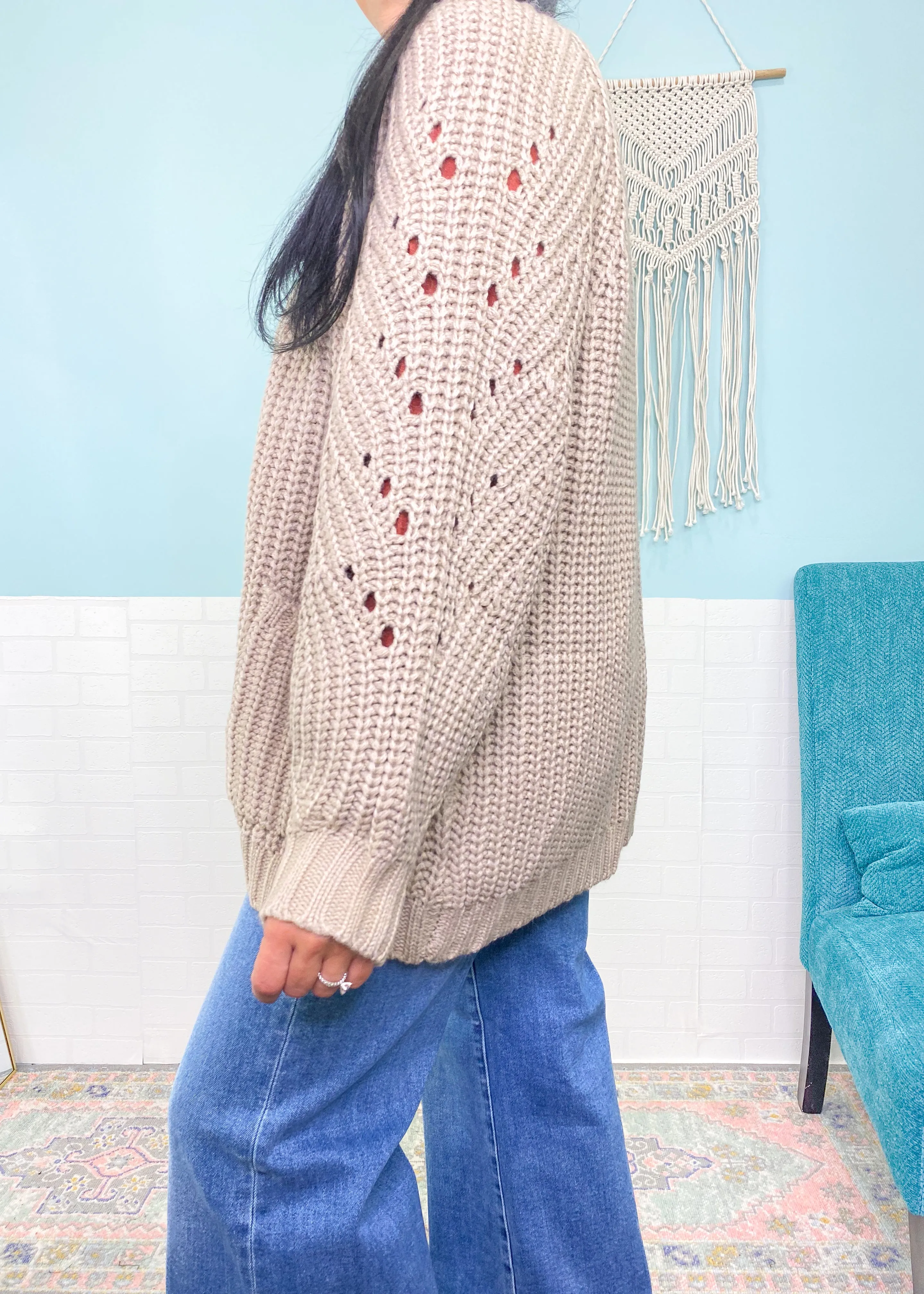 'Cozy Living' Mushroom Pointelle Chunky Sweater Cardigan