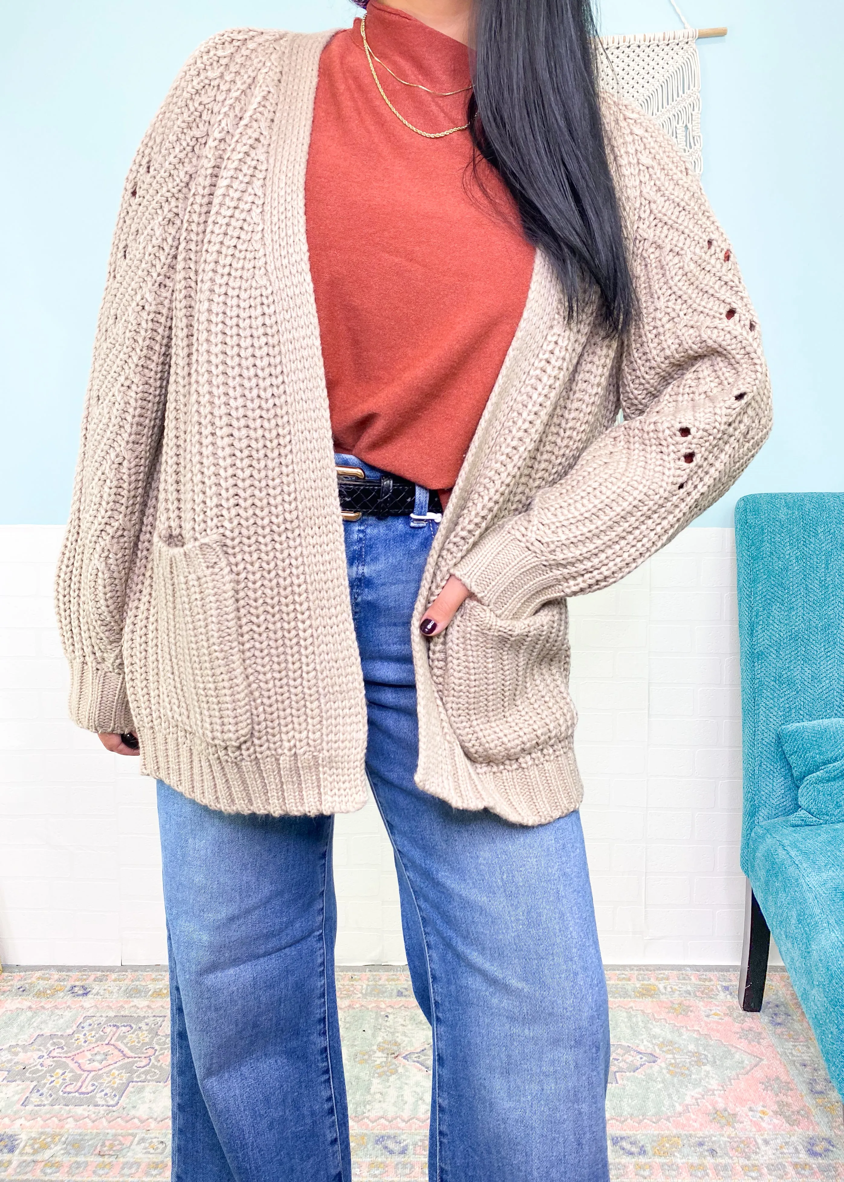 'Cozy Living' Mushroom Pointelle Chunky Sweater Cardigan