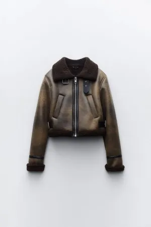 Cropped Brown Leather Shearling Jacket