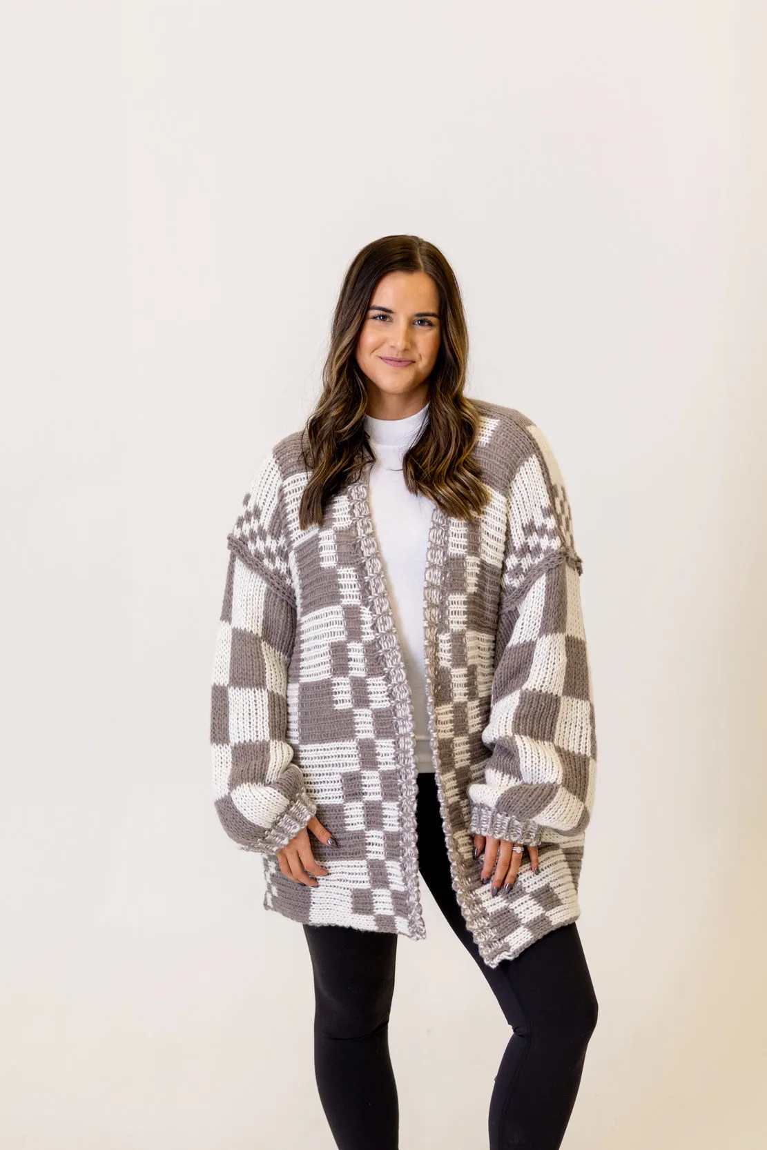 Hattie Checkered Chunky Cardigan | Mocha Brown