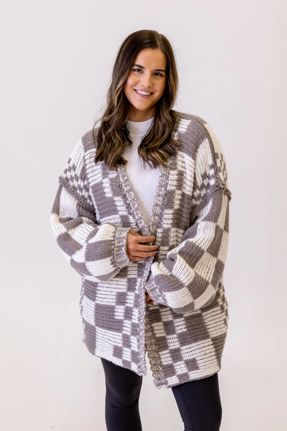 Hattie Checkered Chunky Cardigan | Mocha Brown