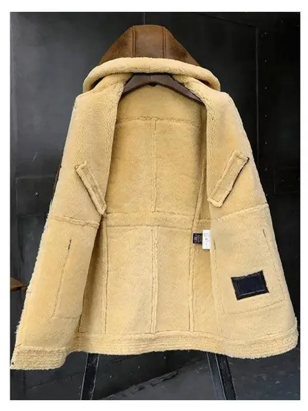 Hooded Sheepskin Shearling Leather Jacket - Stylish and Warm