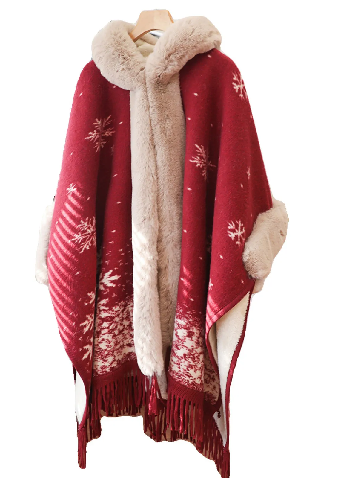 Italian Red Tassel Print Fur Collar Warm Fleece Cape Winter WO020