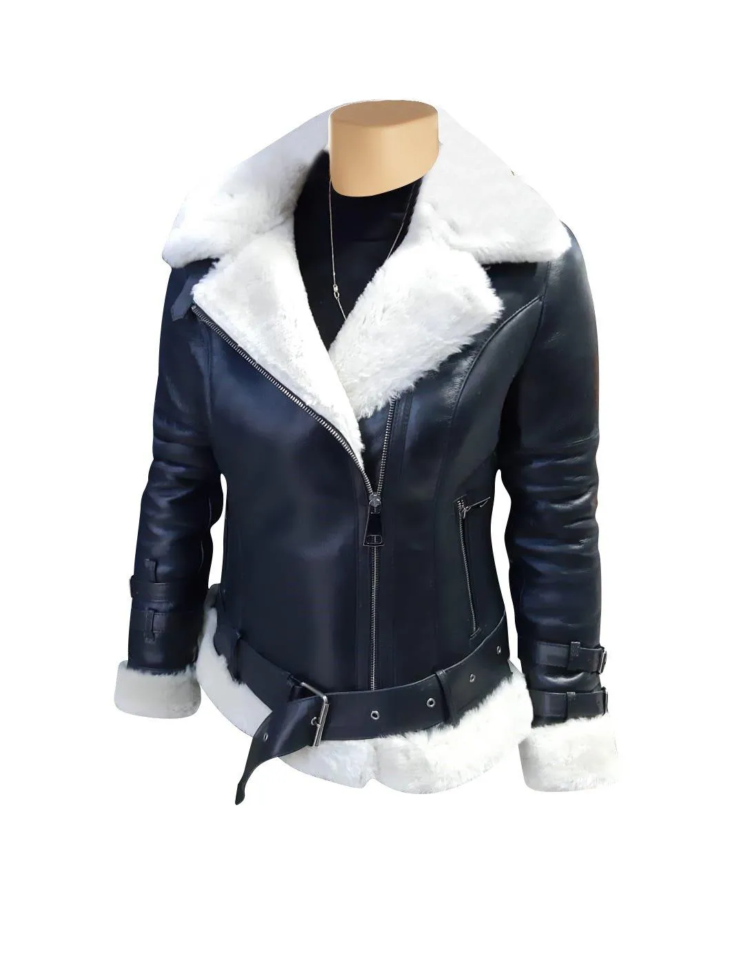 Jayne's White Biker Shearling And Sheepskin Black Jacket