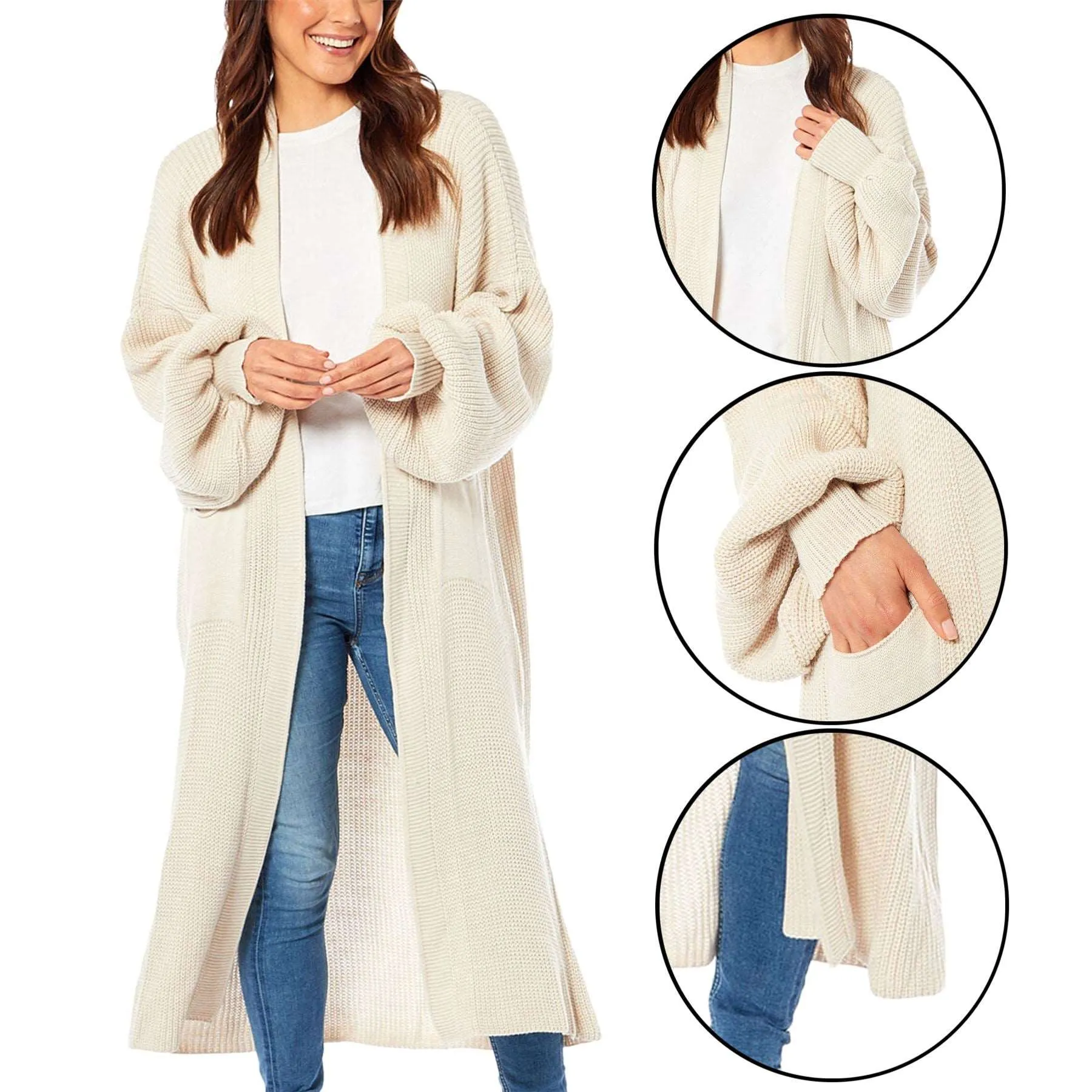 Ladies Chunky Knitted Oversized Cardigan Women Balloon Sleeve Long Maxi Cardigans