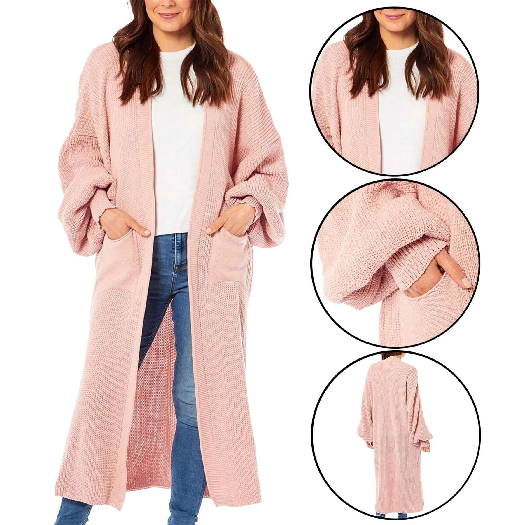 Ladies Chunky Knitted Oversized Cardigan Women Balloon Sleeve Long Maxi Cardigans