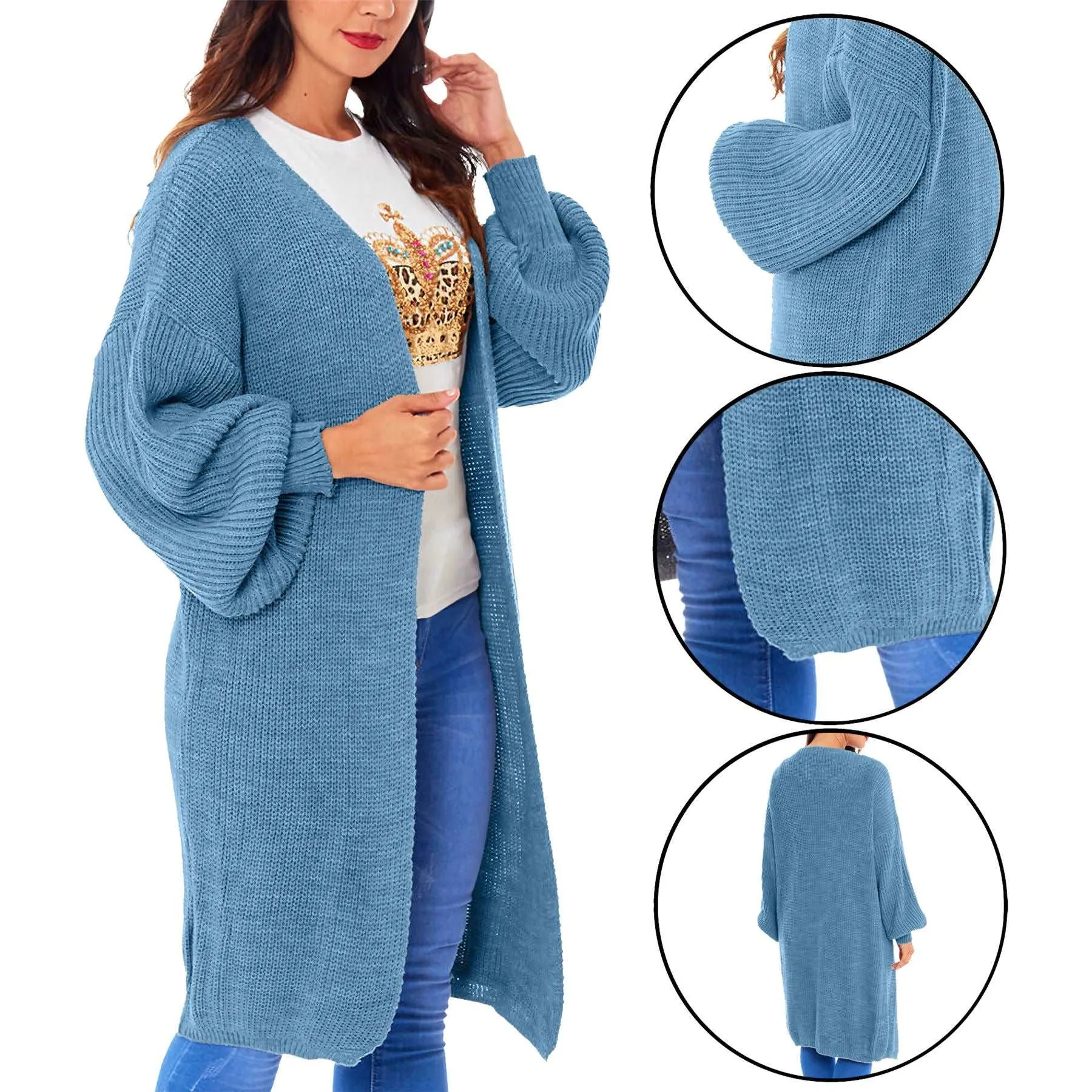 Ladies Chunky Knitted Oversized Cardigan Women Balloon Sleeve Long Maxi Cardigans