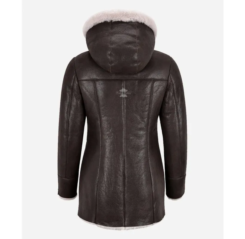 Ladies Hooded Sheepskin Jacket Long 3/4 Length with Real Shearling Fur Lining