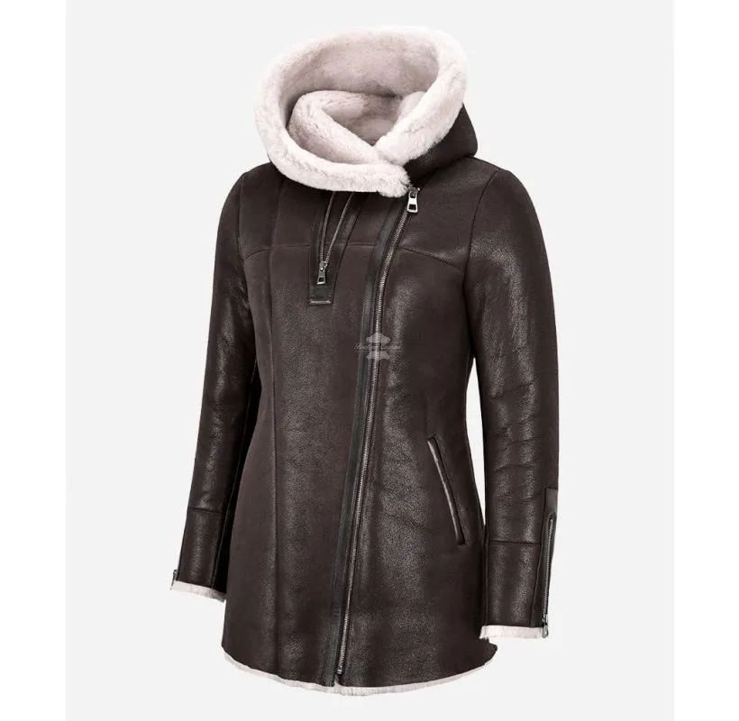 Ladies Hooded Sheepskin Jacket Long 3/4 Length with Real Shearling Fur Lining