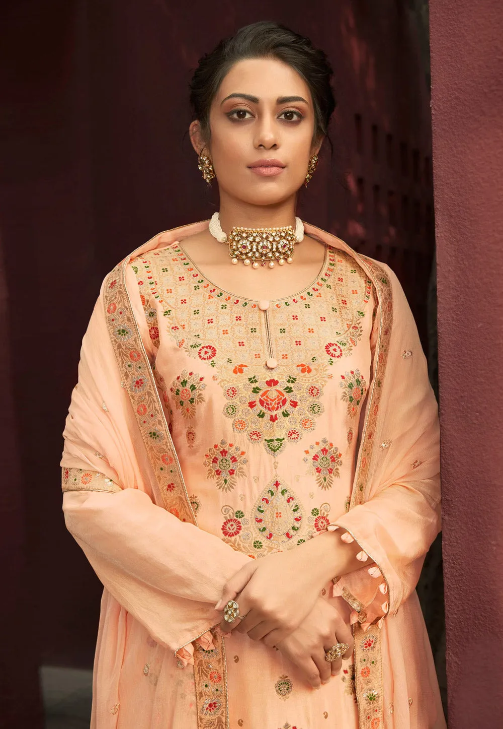 Light Peach Multi Embroidered Palazzo Suit