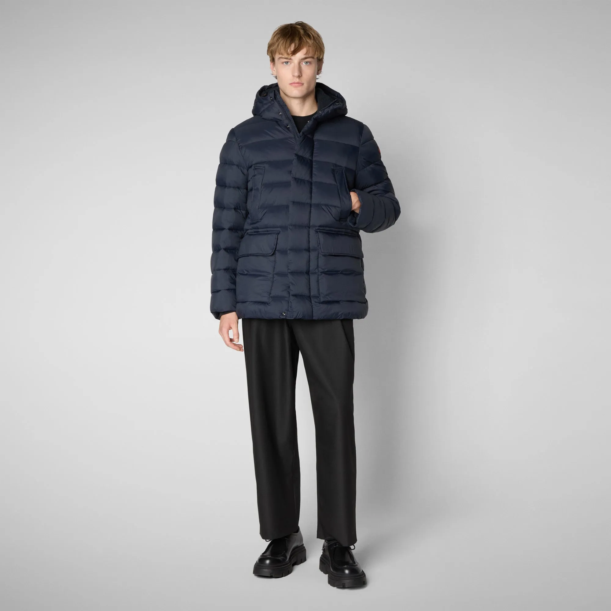 Man's animal free hooded puffer jacket Lyle in blue black