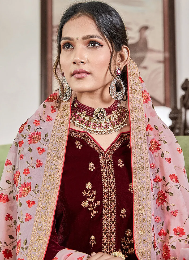 Maroon Velvet Embroidered Palazzo Suit