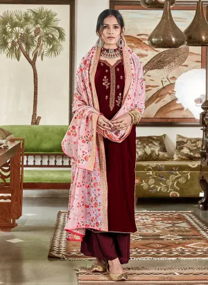 Maroon Velvet Embroidered Palazzo Suit