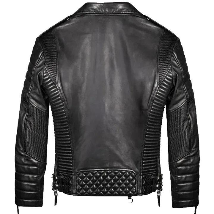 Mens Black Leather Biker Jacket with Quilted Style