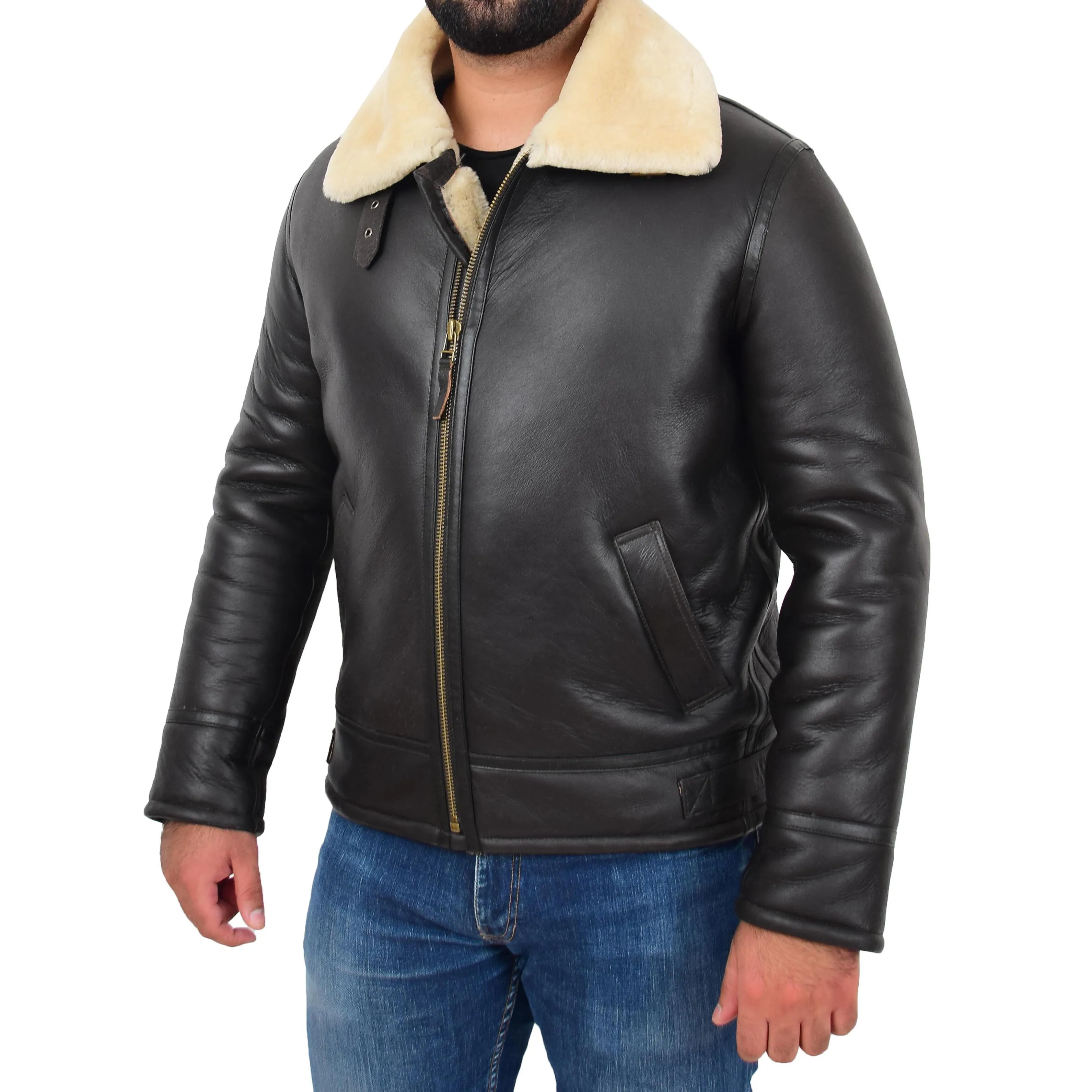 Mens Original Sheepskin Flying Jacket B3 Bomber Aviator Pilots Shearling Coat Raptor Brown/White