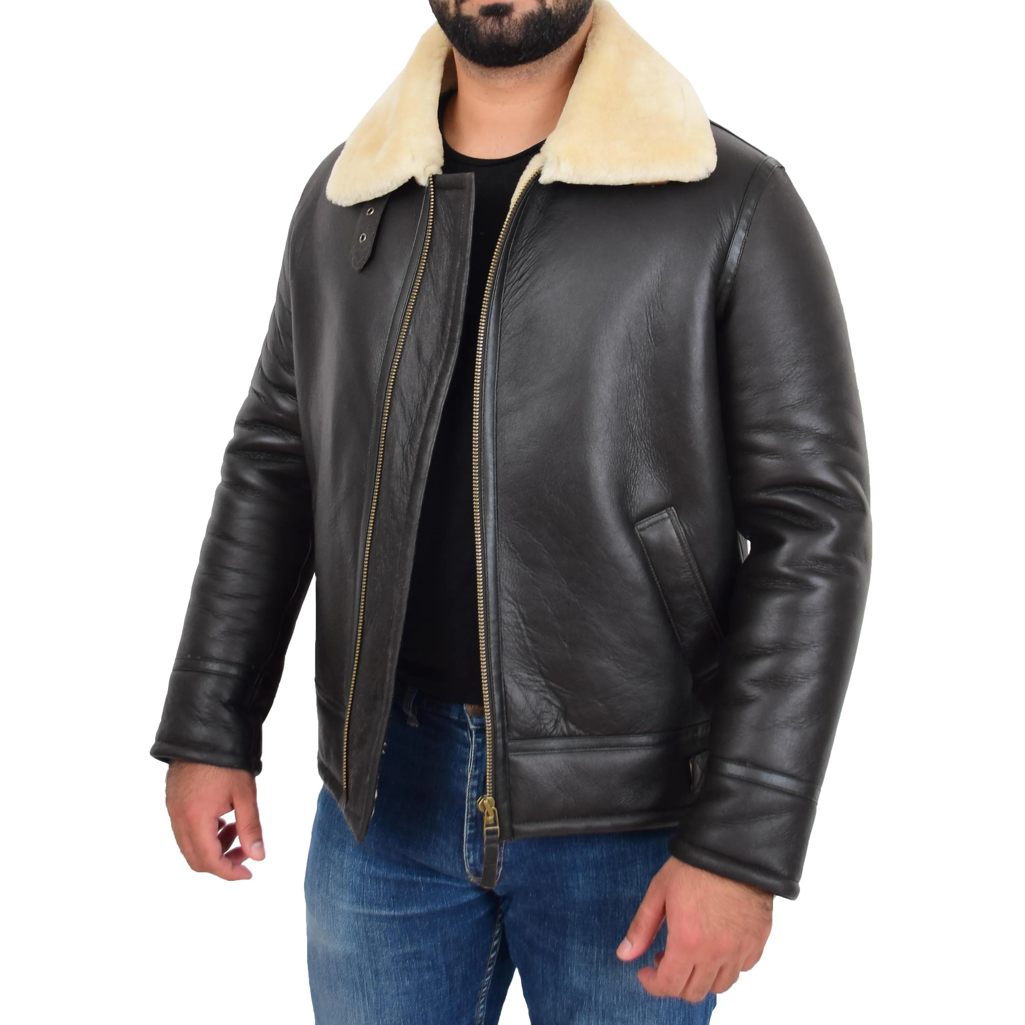 Mens Original Sheepskin Flying Jacket B3 Bomber Aviator Pilots Shearling Coat Raptor Brown/White