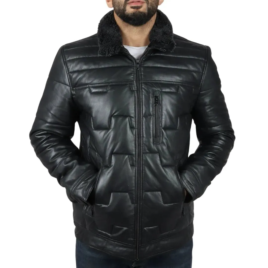 Men's Quilted Padded Real Leather Safari Coat