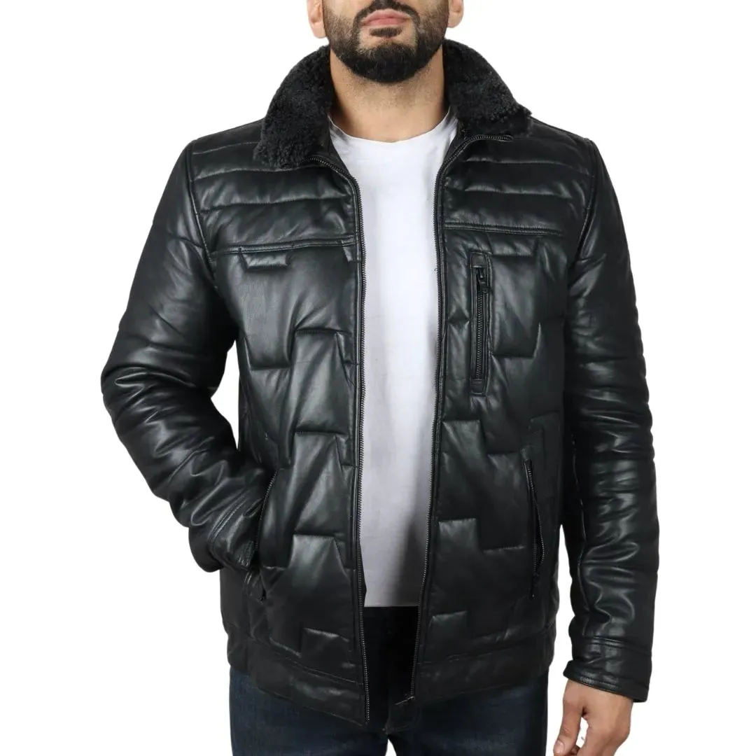 Men's Quilted Padded Real Leather Safari Coat