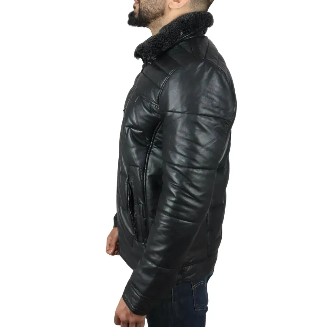 Men's Quilted Padded Real Leather Safari Coat