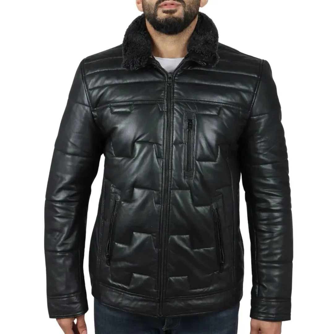 Men's Quilted Padded Real Leather Safari Coat