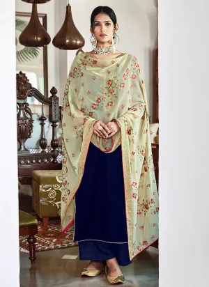 Navy Blue Velvet Embroidered Palazzo Suit