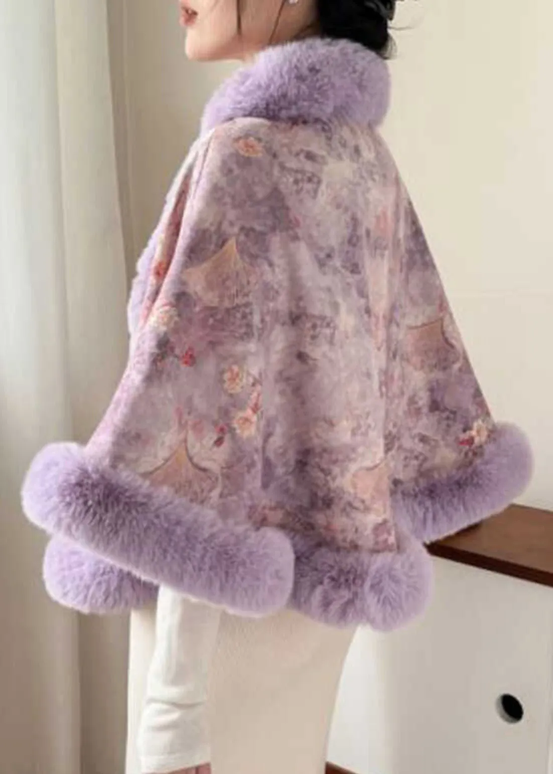 New Purple Fur Collar Print Warm Fleece Cape Coats Winter RC009