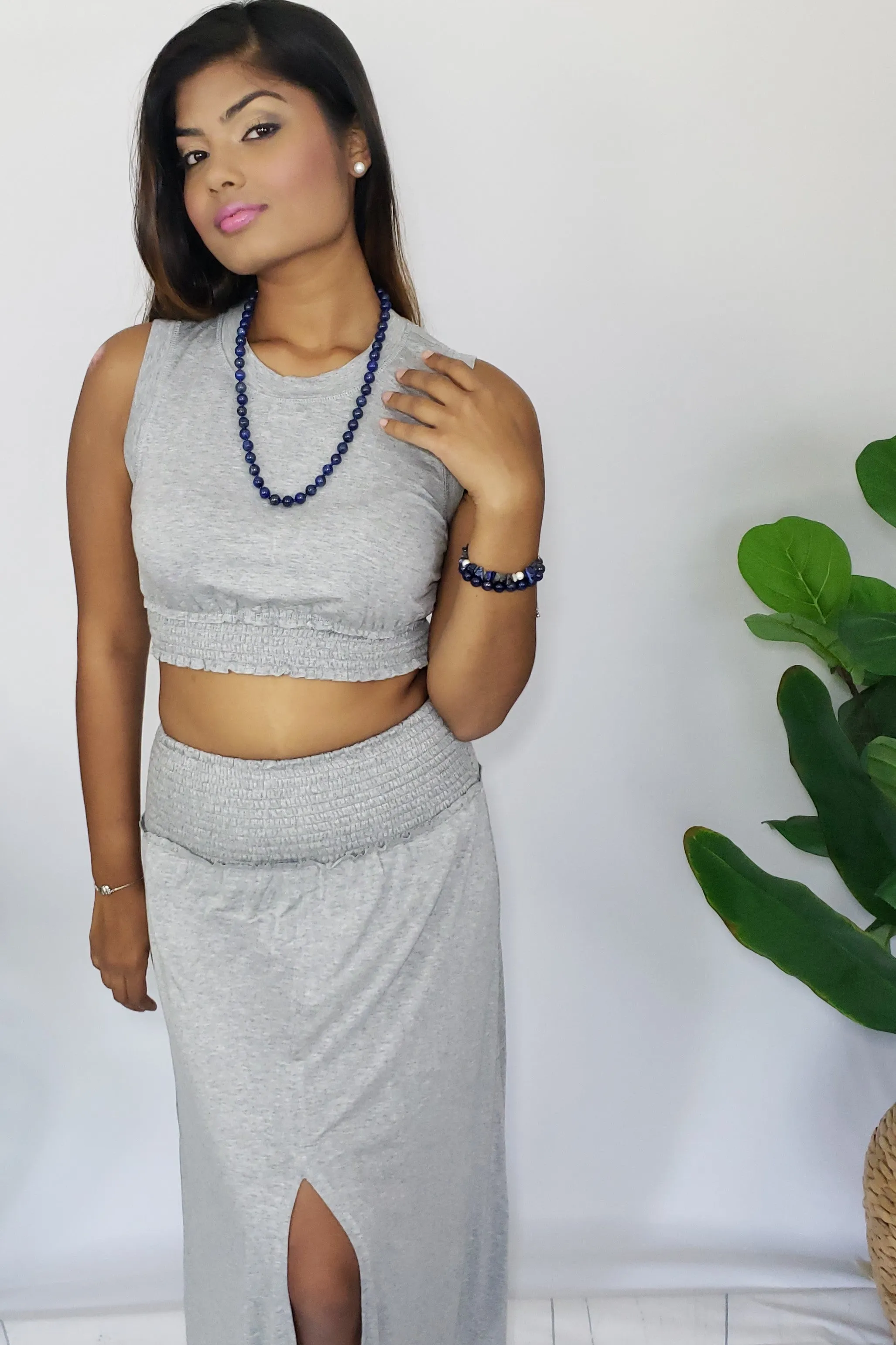 Phyona Smocked Band Skirt and Crop Top Set in Heather Gray