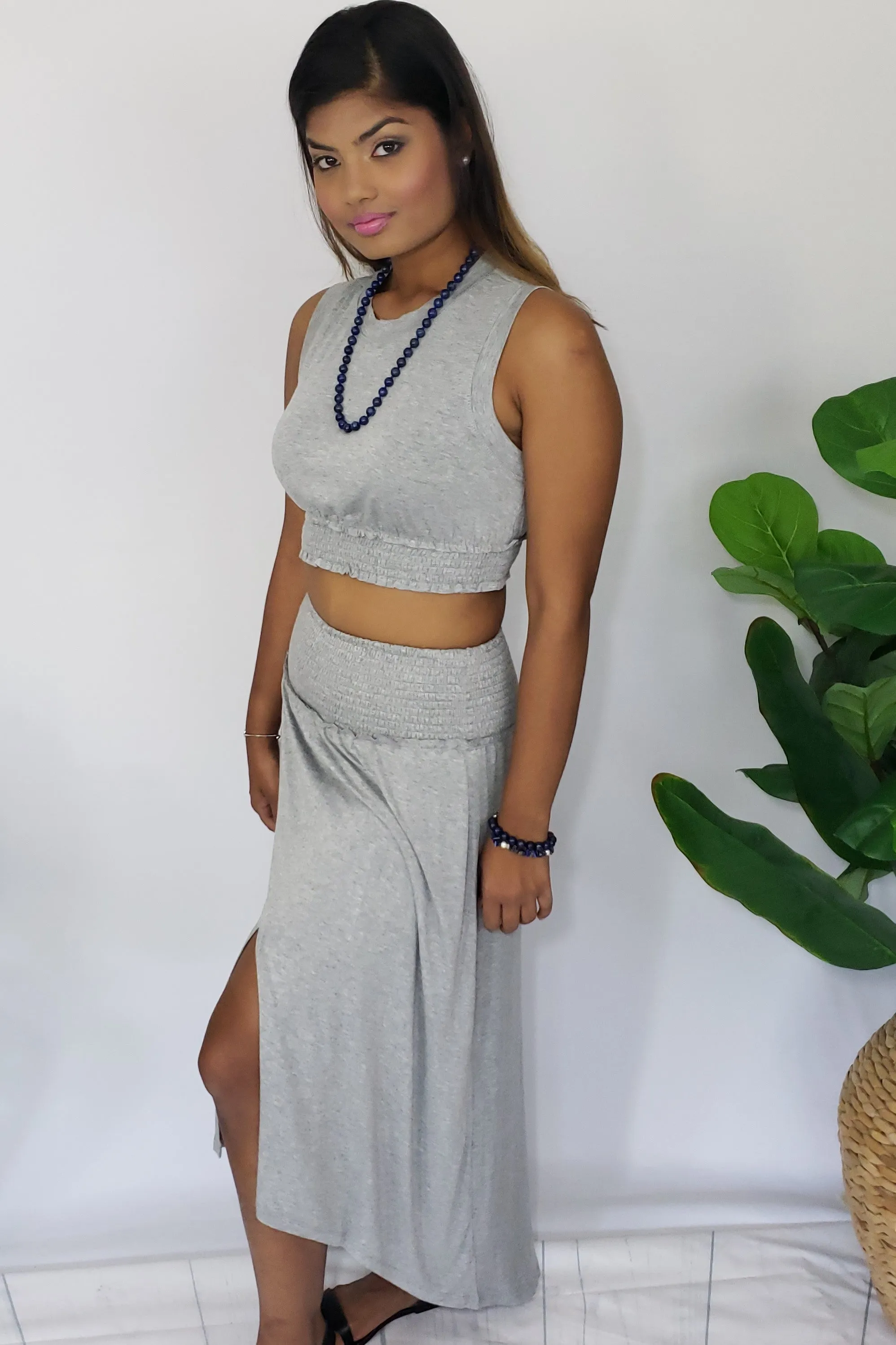 Phyona Smocked Band Skirt and Crop Top Set in Heather Gray