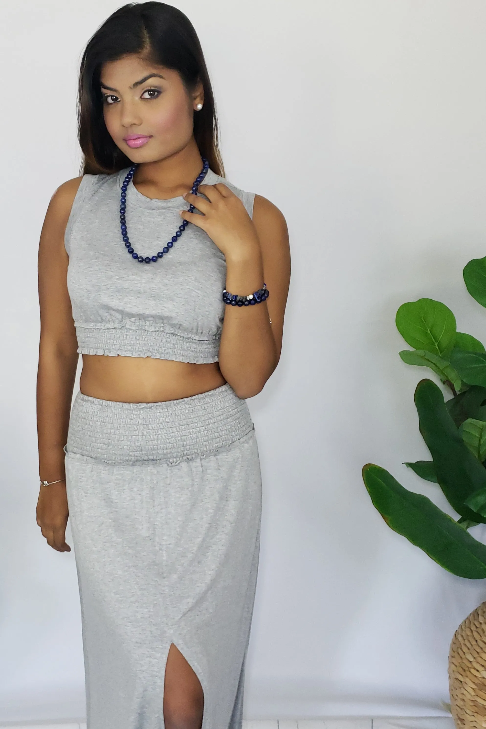 Phyona Smocked Band Skirt and Crop Top Set in Heather Gray