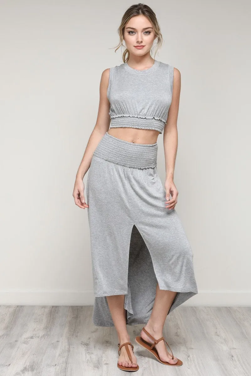 Phyona Smocked Band Skirt and Crop Top Set in Heather Gray