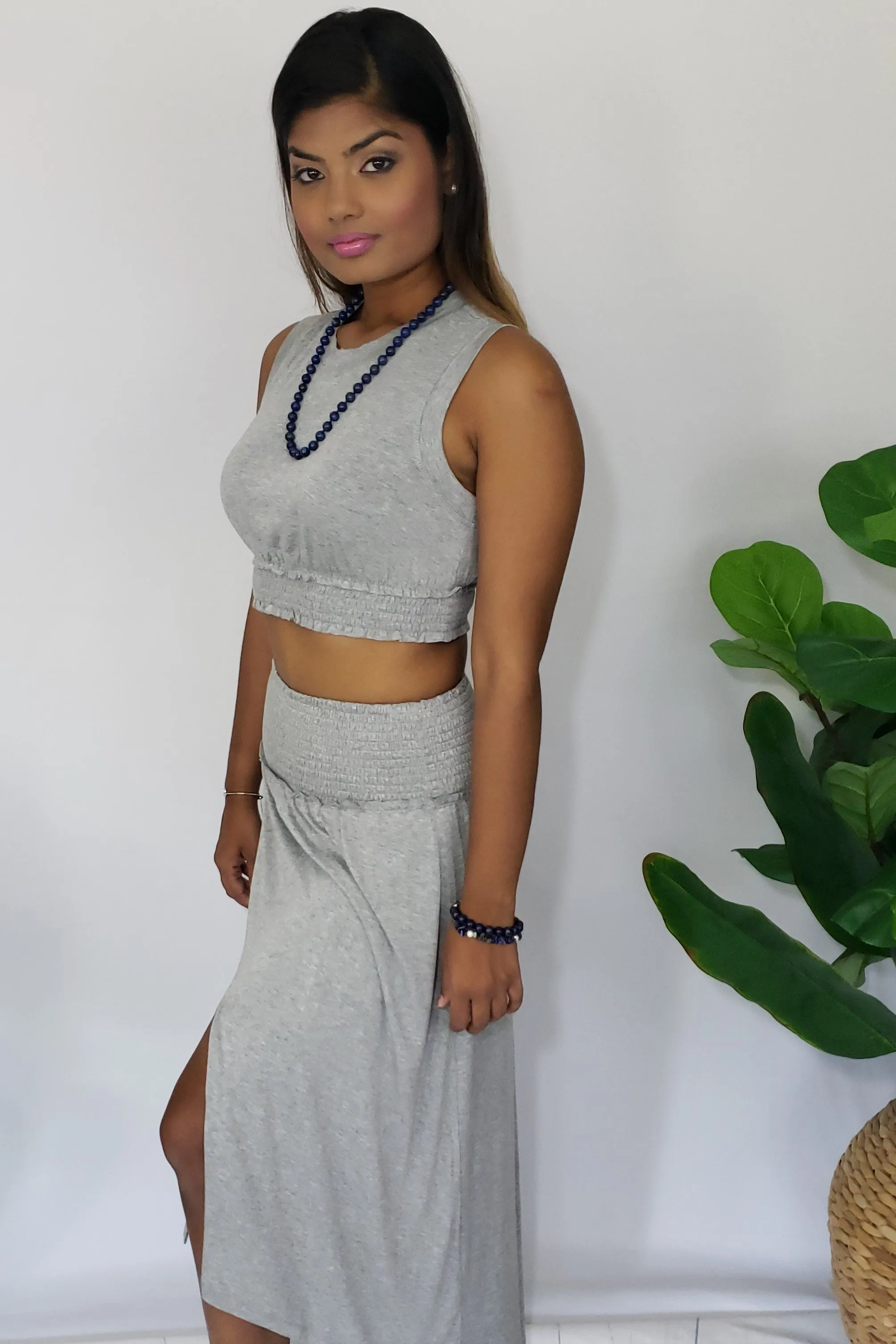 Phyona Smocked Band Skirt and Crop Top Set in Heather Gray