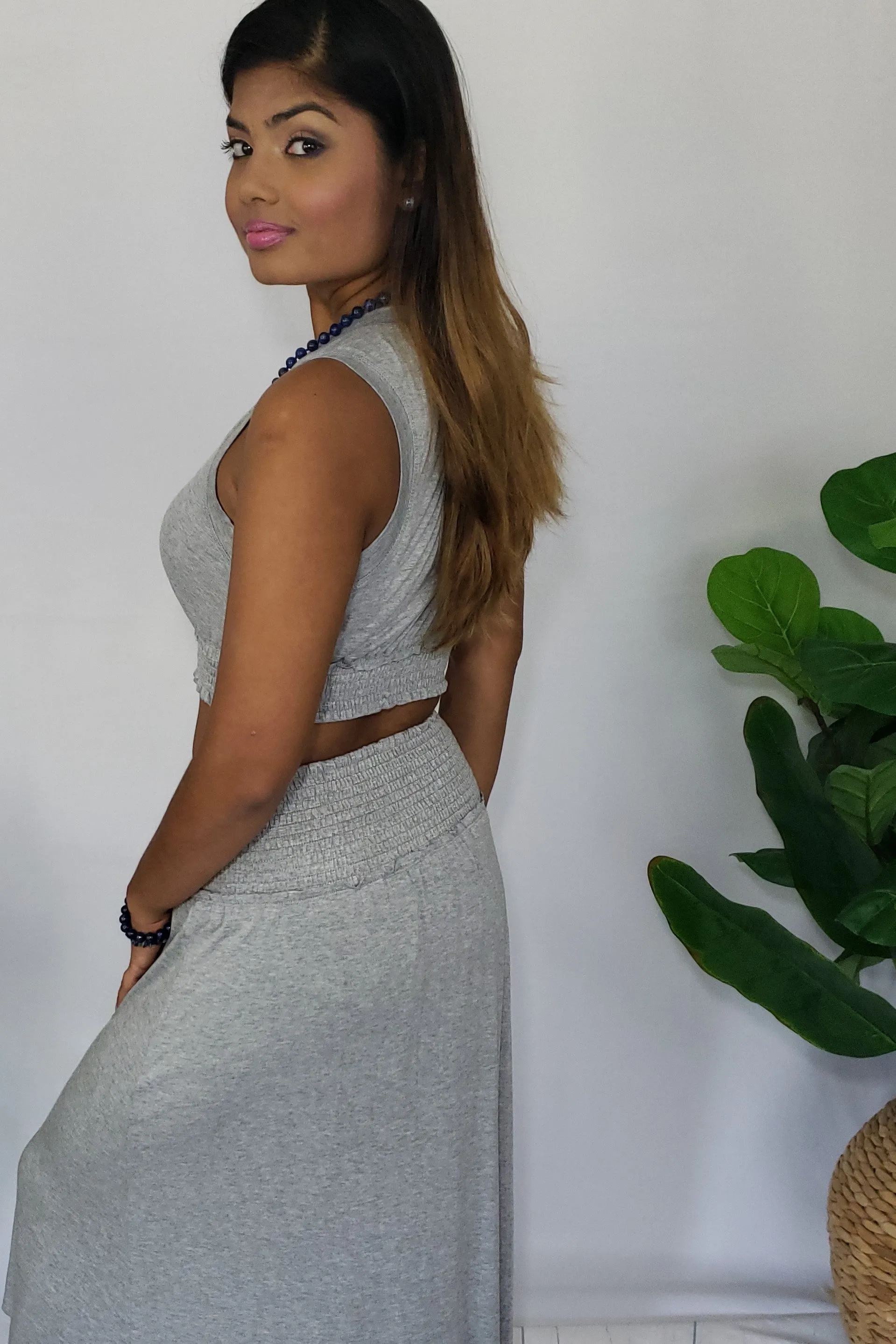 Phyona Smocked Band Skirt and Crop Top Set in Heather Gray