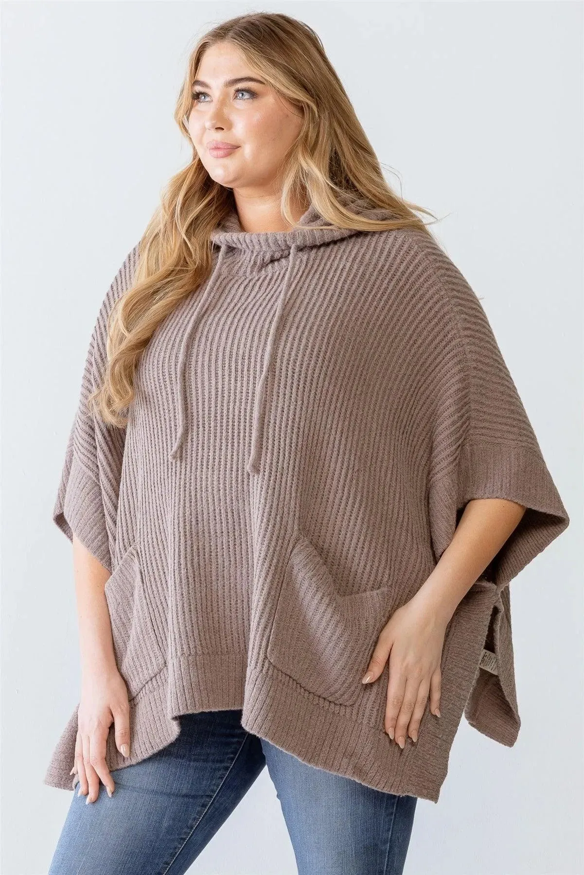 Plus Size Mocha Knit Two Pocket Hooded Poncho /3-2-1