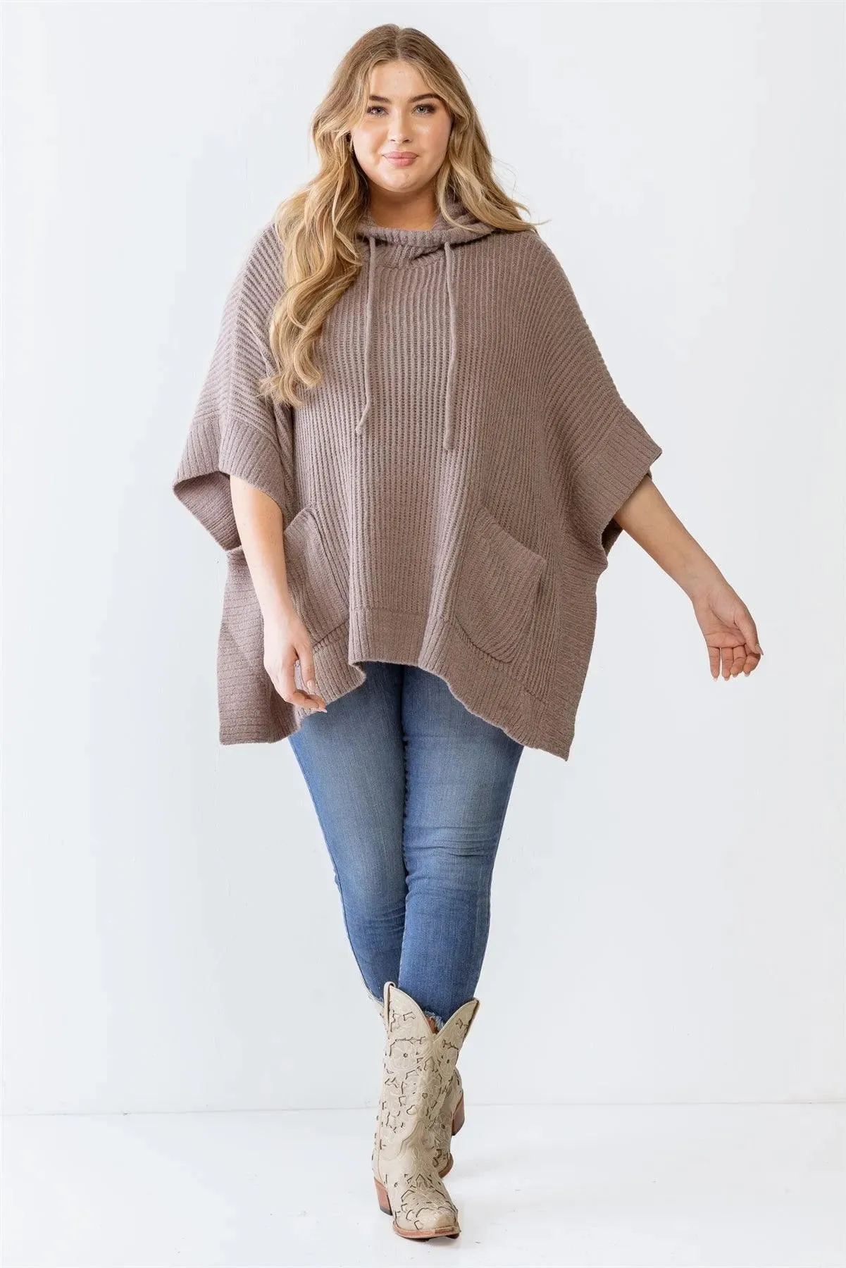 Plus Size Mocha Knit Two Pocket Hooded Poncho /3-2-1