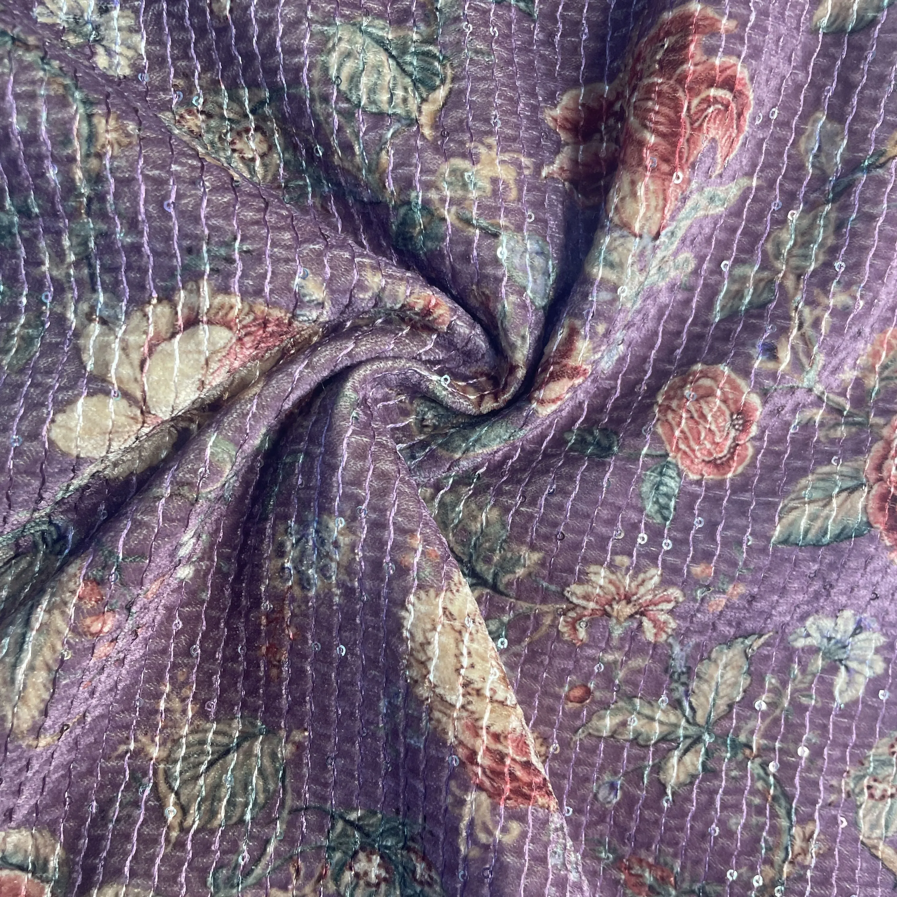 Purple Floral Print Velvet Fabric 20320