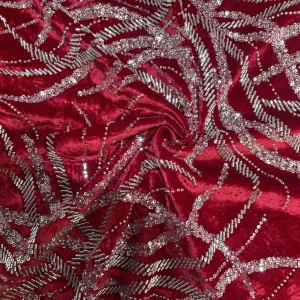 Red Sequins Cutdana Embroidery Velvet Fabric 19990