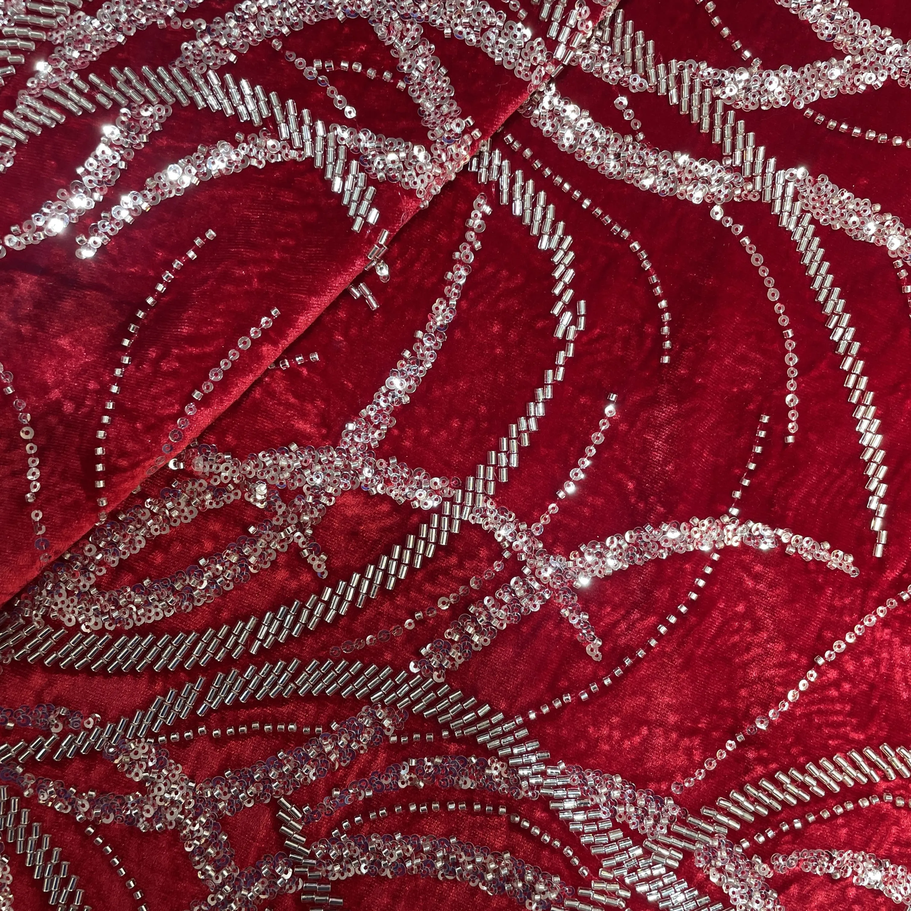 Red Sequins Cutdana Embroidery Velvet Fabric 19990