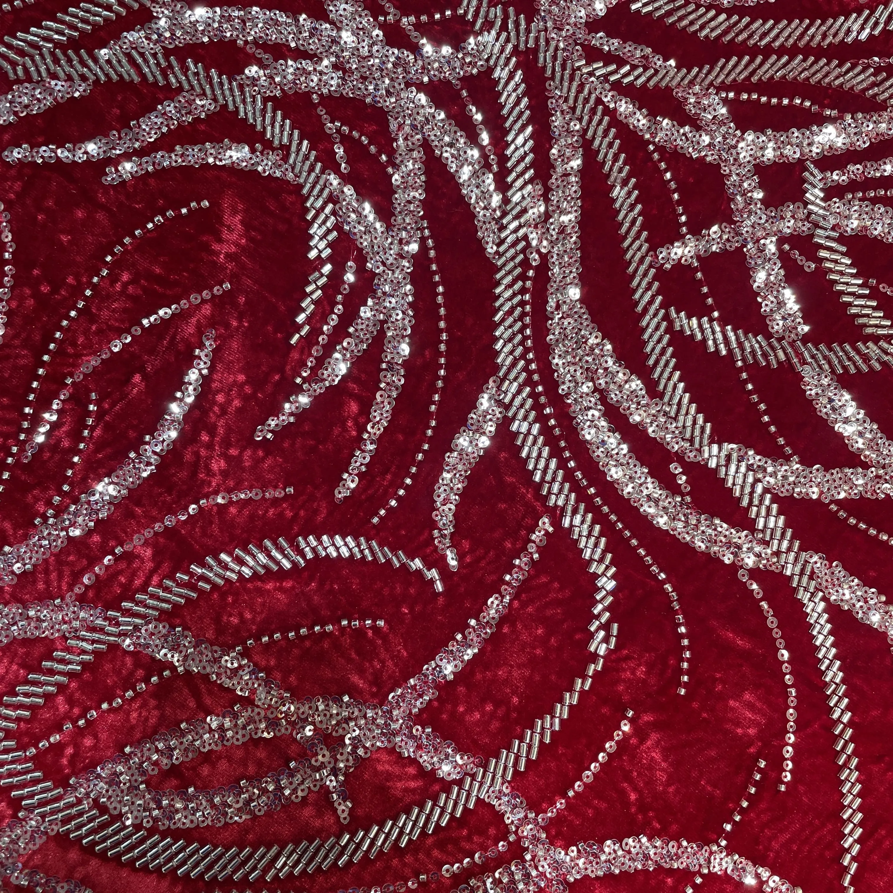 Red Sequins Cutdana Embroidery Velvet Fabric 19990