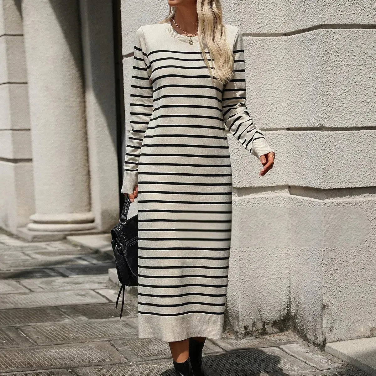 Slim fit women's knitted sweater with striped long skirt, fashionable autumn and winter dress