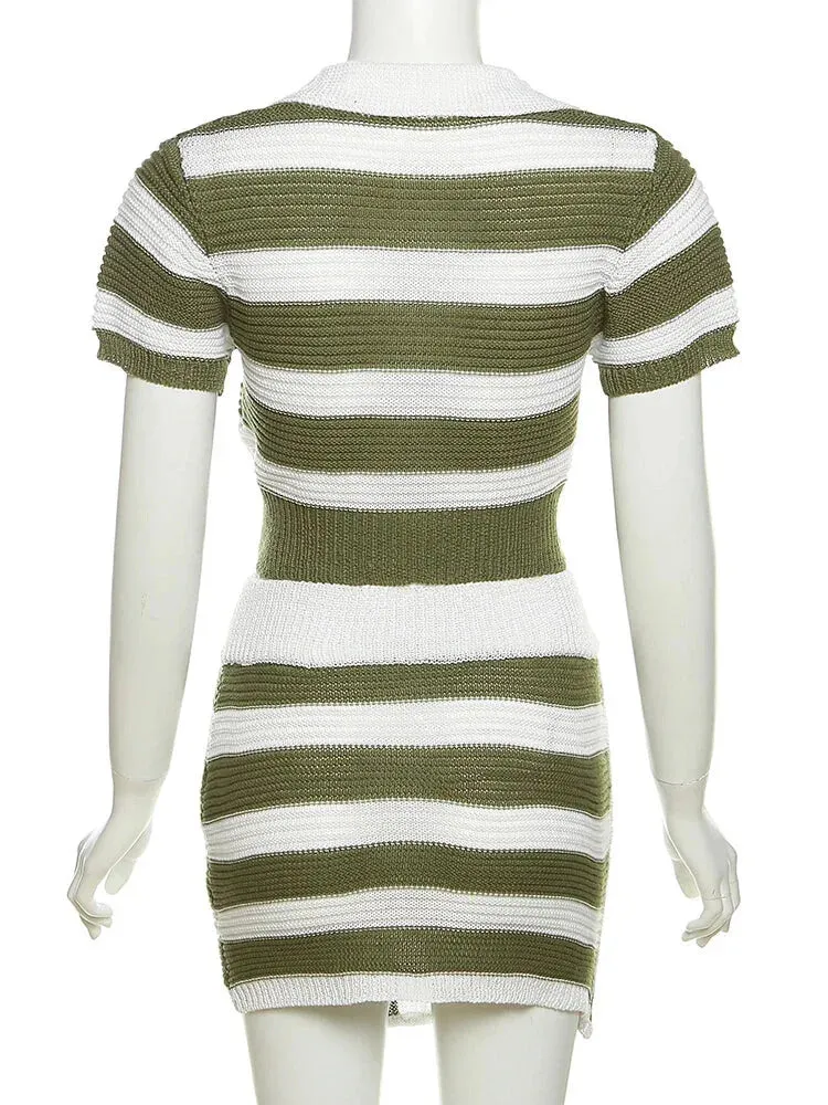 Stripe Knit Set for Trendy Outings Polo & Mini Skirt 2 Piece