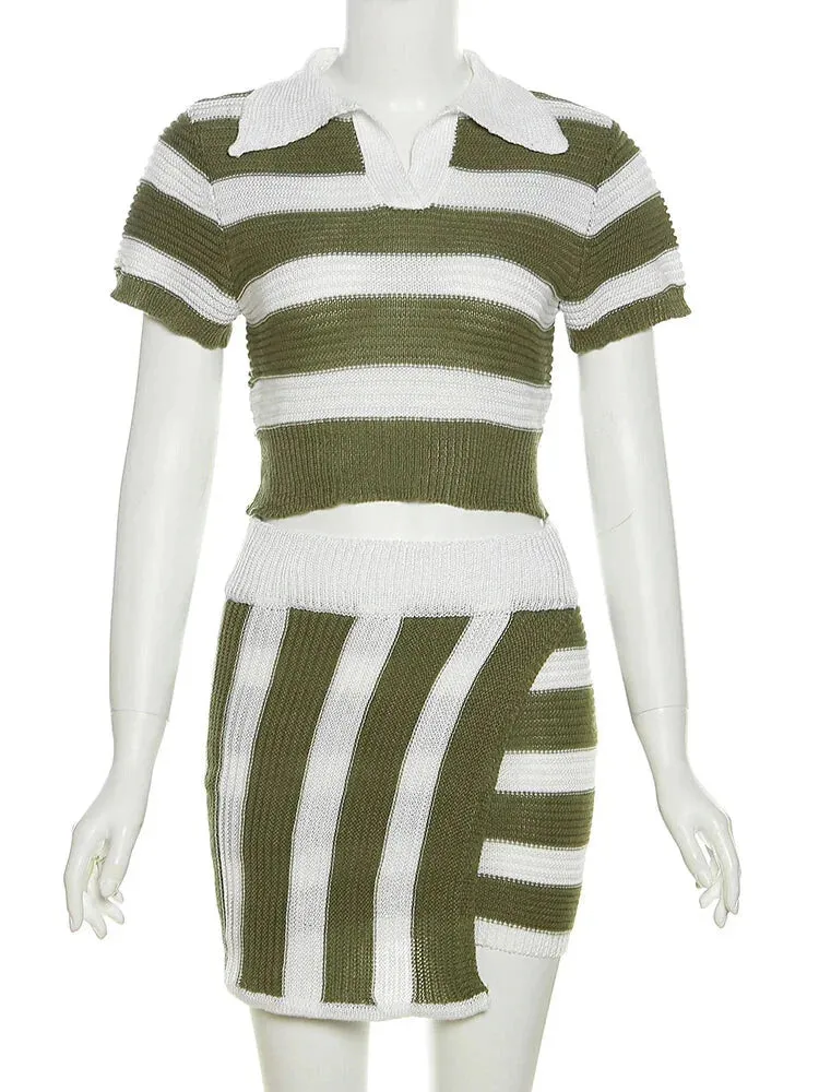 Stripe Knit Set for Trendy Outings Polo & Mini Skirt 2 Piece