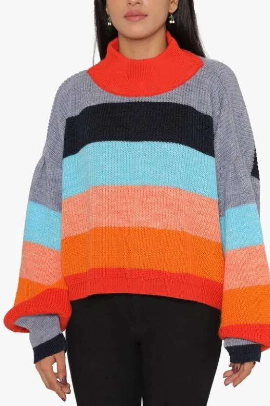 Stylish High-Neck Striped Sweater