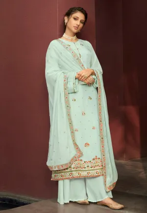 Teal Blue Multi Embroidered Palazzo Suit