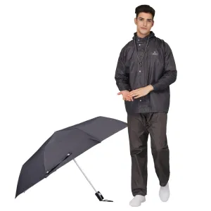 THE CLOWNFISH Combo Of Rain Coat for Men Waterproof Polyester (Grey 4XL) Umbrella Savior Series 3 Fold Waterproof Polyester (Black)