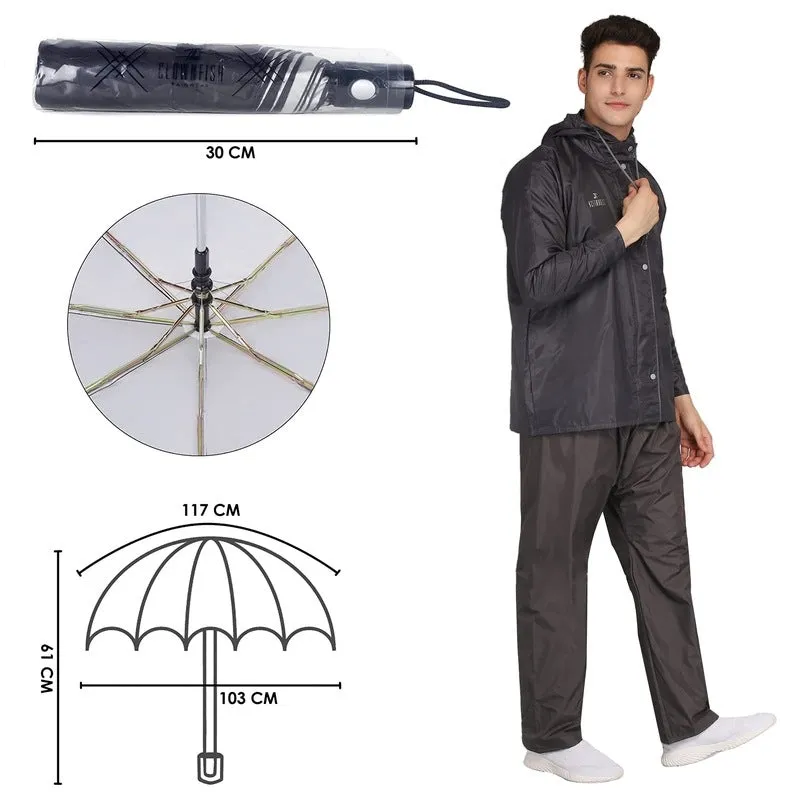 THE CLOWNFISH Combo Of Rain Coat for Men Waterproof Polyester (Grey 4XL) Umbrella Savior Series 3 Fold Waterproof Polyester (Black)