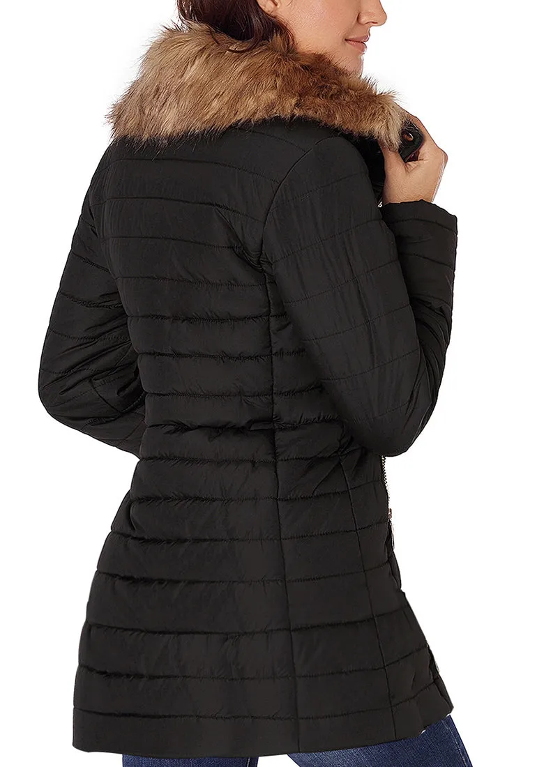 Vetinee Women Casual Faux Fur Lapel Zip Pockets Quilted Parka Jacket Puffer Coat